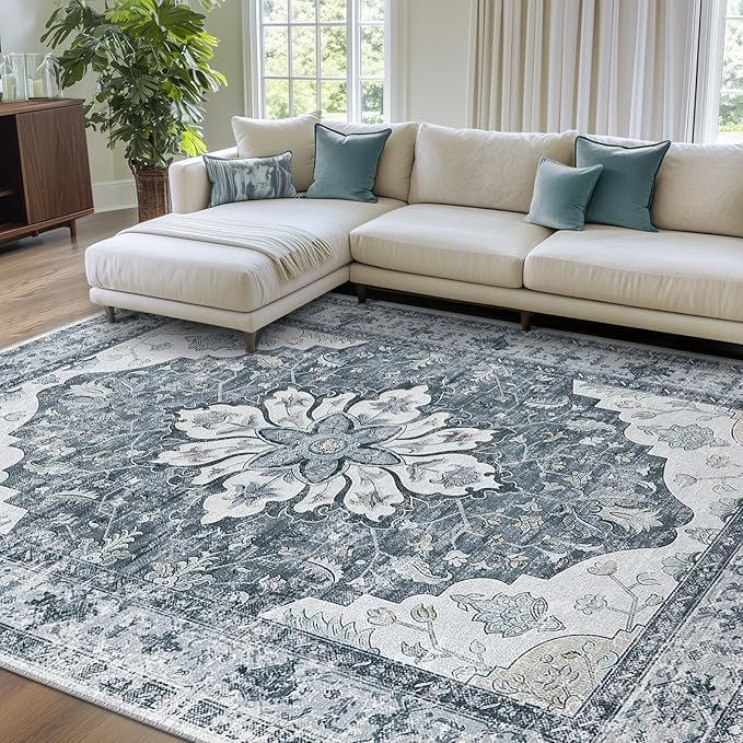 RELEANY Washable Area Rug, 8'x10', Grey/White/Beige | Non-Slip, Water Repellent, Pet Friendly, Easy to Clean, Vintage Floral Boho Decor for Living Room Bedroom Dining Room