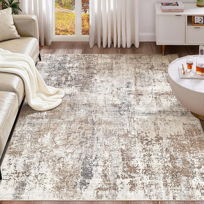 UERMEI 8x10 Washable Area Rug - Neutral Modern Abstract Living Room Rugs, Non-Slip Soft Large Indoor Floor Carpet for Bedroom Home Office & Under Dining Table Decor, Brown/Grey/Red