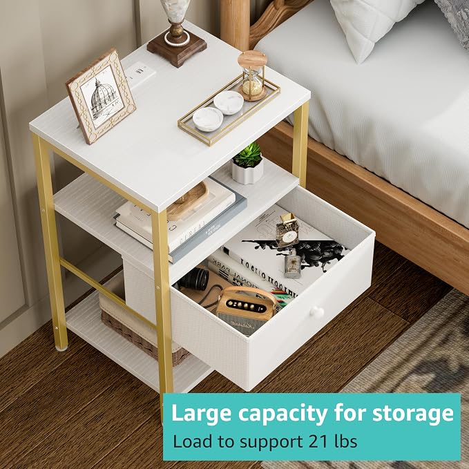 BOLUO White and Gold Nightstand with Charging Station, LED Night Stand with Fabric Drawers and Shelf, Bedside Table with USB Ports and Outlets, Bedroom Nightstand Modern