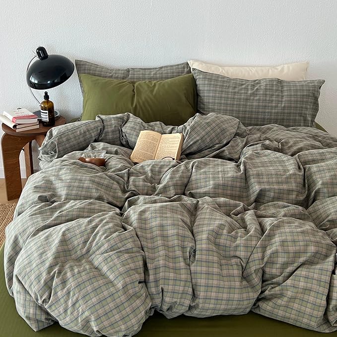 mixinni Vintage Green Buffalo Plaid Duvet Cover Set Twin Size - 3 Piece Mid-Century Washed Cotton Bedding Set with Grid Pattern, Ultra Soft & Breathable Duvet Cover with Pillowcases for All Seasons