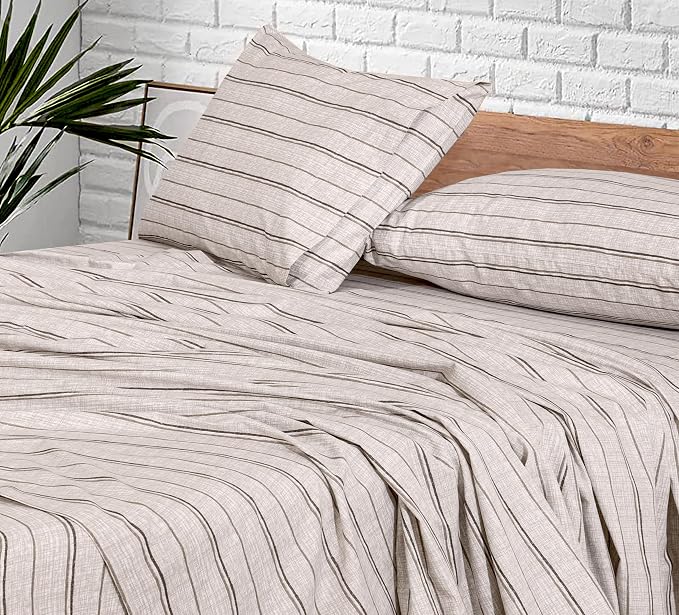 RUVANTI 100% Cotton Percale Sheets, Full Size, Brown Stripes | Crisp Cooling, Deep Pocket 16", Soft Breathable & Durable, Hotel-Style, 4 Piece Set