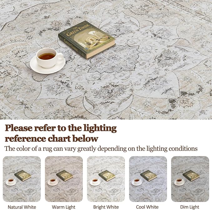 9x12 Washable Area Rugs for Living Room Beige White Non-Slip Rug | Vintage Medallion Rug,Soft Low Pile Large Rugs,Indoor Retro Carpet for Bedroom Nursery Dining Table Farmhouse Home Office