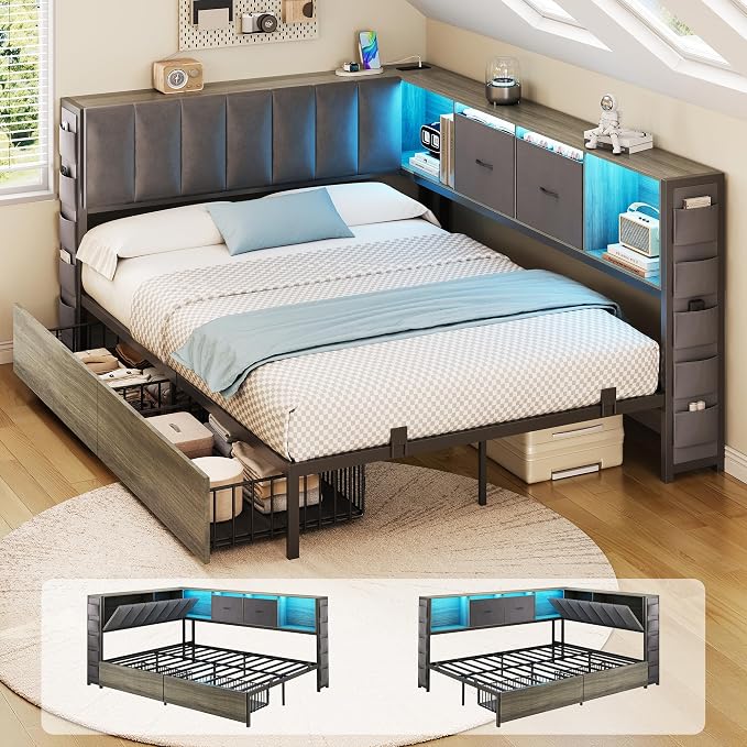 MapleGrace Full Corner Bed Frame with Upholstered Storage Headboard and Drawers, Metal Platform Bed Frame with LED Light and Charging Station, Full Daybed for Living Room, Bedroom & Guest Room, Gray