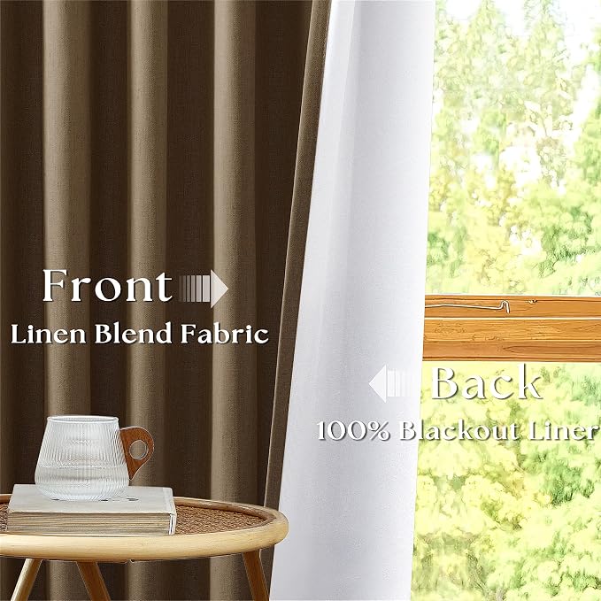 Dutch Cocoa Pleated Black Out Linen 45 Inch Curtains with Liner 2 Panels | 100% Blackout, Memory Trained Pinch Pleat, Thermal Insulated, Noise Reduce, Short Curtains 2 Layers for Kitchen Small Window