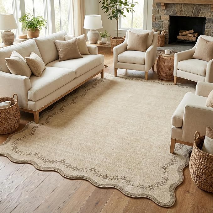 GarveeHome 5x7 Scalloped Area Rug Jute Washable Bedroom Living Room Rug | Soft Tan Neutral Floral Low Pile Non Slip Accent Floor Mat Solid Print Throw Rug Indoor Carpet for Dining Room Dorm Playroom