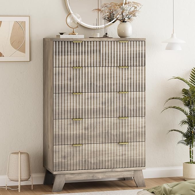 Xixini Fluted Dresser for Bedroom with 6 Drawers, 46" Tall Modern Chest of Drawers with Metal Handle, Wooden Dresser TV Stand, Wood Closet Clothes Storage Organizer for Living Room, Hallway, Grey