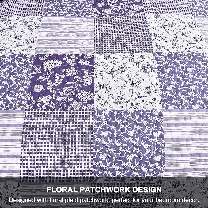 Mybedsoul Boho Quilts Queen Size, Patchwork Reversible Bedding Set, Purple | Soft Lightweight Microfiber Floral Coverlet Set, 3 Pieces Plaid Reversible Bedspread, Bed Sets for All Seasons 90"x96"