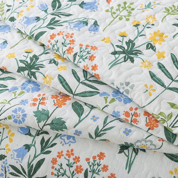 Cotton Bedspread Quilt Sets-Reversible Patchwork Coverlet Set, Green Classic Floral Pattern, Queen Size