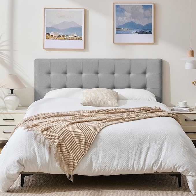 Linen Stitched Tufted King Headboard, Adjustable Height 37.2-42.3 in, Gray | Wood Twin Headboard Only, Padded Support for Reading, Relaxing or Working in Bed, Stable Non-Slip Design, Fits Bed Frame