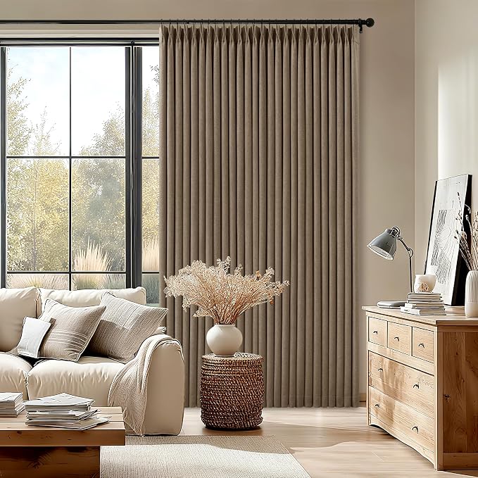 Latte Dual Layer Blackout 102 Inch Length Curtains 2 Panels Pinch Pleated | for Sliding Glass Door, Luxury Pinch Pleated, Flax Linen, Ceiling Track Curtains, Thermal Room Darkening, Light Brown Drapes