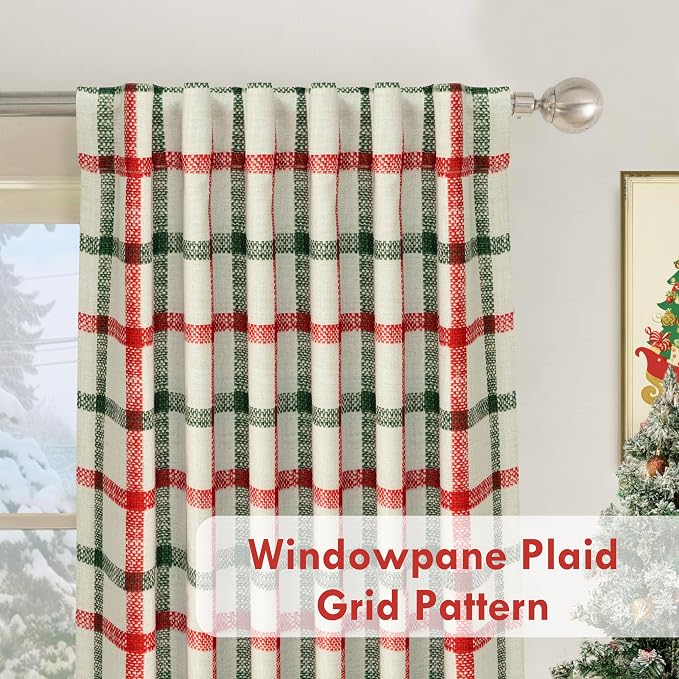 DriftAway 100% Blackout PlaidCurtains 72 Inches Long 2 Panels Red Green | 100% Blackout, Linen Texture, Plaid Pattern, Two Layers, Rod Pocket & Back Tab, Bedroom Living Room Use, Luxury Appearance