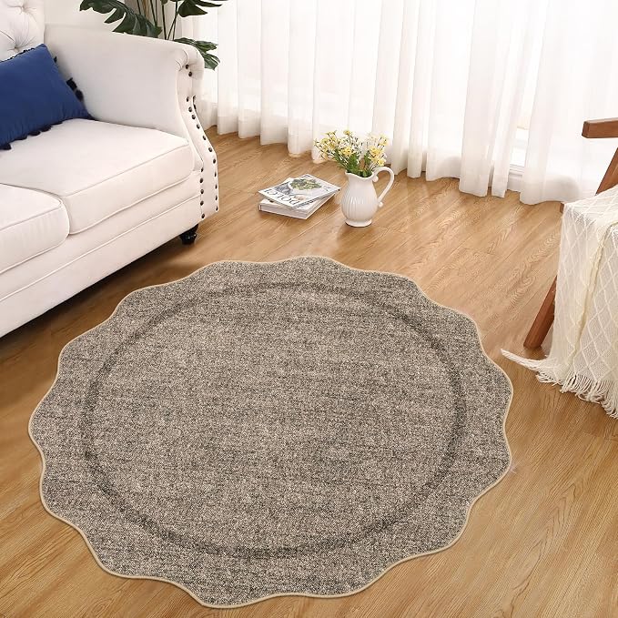 GarveeHome Scalloped Round Area Rugs Washable Small Round Rug 3ft Non-Slip | Soft Boho Ultra-Thin Circle Low Pile Stain Resistant Carpet for Bedroom Entryway Kitchen Laundry Bathroom