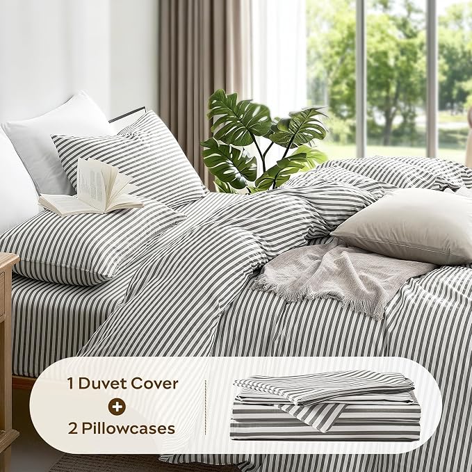 JELLYMONI 100% Cotton Classic Striped Cal King Duvet Cover Set, Grey | Breathable Softness, Oeko-Tex Certified, Classic Stripes, 8 Corner Ties & Double Hidden Zipper