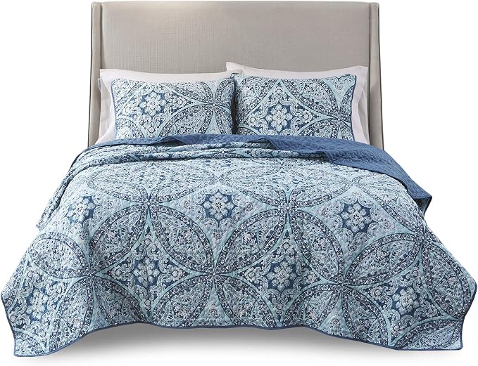 Comfort Spaces Gloria Boho Full Queen Quilt Set 3 Piece for Summer Aqua | Reversible Coverlet Bedspread, Soft All Season, Medallion Pattern, Winter Layer with Shams Modern Lightweight, Cozy Comfort