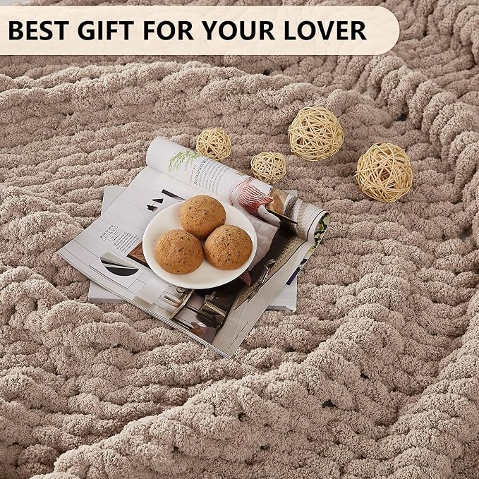 L'AGRATY Chunky Knit Throw Blanket for Couch, 72 x 84 Inches, Light Taupe | Handmade Chenille Crochet Blanket for Sofa Bed, Thick Cable Knitted Blankets for Room Home Decor, Birthday Gift for Women Mom