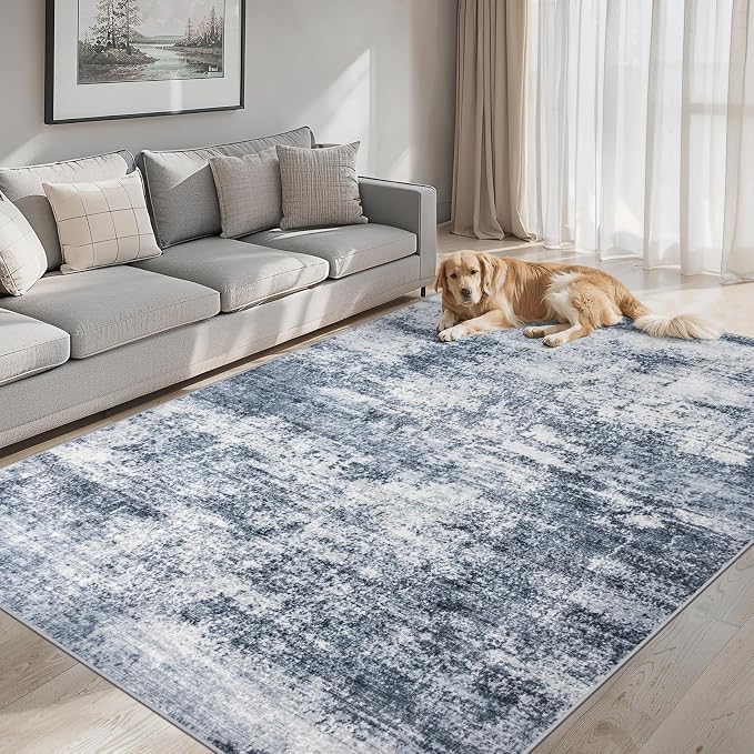 PLHXFR 6x9 Area Rug Living Room: Abstract Washable Carpet Grey Blue | For Bedroom Dining Room Farmhouse Nursery Home,Machine washable,Non Slip,Large Soft Neutral,Stain Resistant, Indoor Floor
