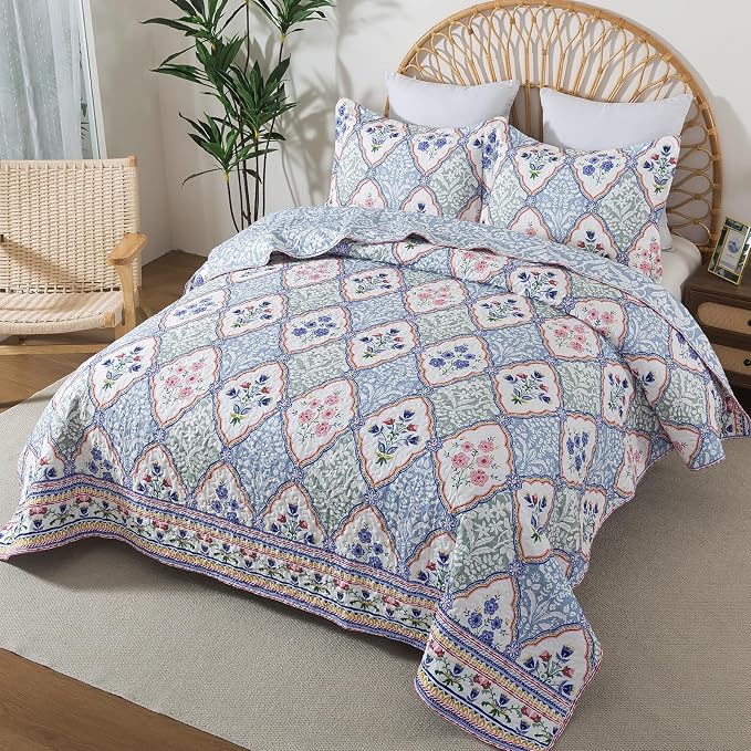 Quilt Set Queen Size, Bedspread Sets Elegant Floral, Reversible Quilt Bedding Set Lightweight and Breathable for All Seasons, Soft Quilted Bedspread with 2 Pillow Shams