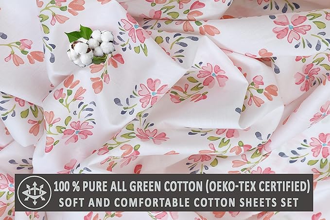 RUVANTI 100% Cotton Percale Sheets California King Size, Bloomex | Crisp Cooling for Hot Sleepers, Deep Pocket 14", Soft Breathable & Durable, Hotel-Style 4 Piece Set