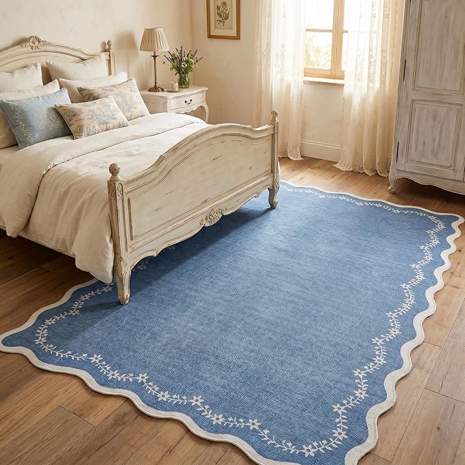 GarveeHome 5x7 Scalloped Area Rug Blue Washable Bedroom Living Room Rug | Soft Floral Low Pile Non Slip Accent Floor Mat Solid Print Throw Rug Indoor Carpet for Dining Room Dorm Playroom