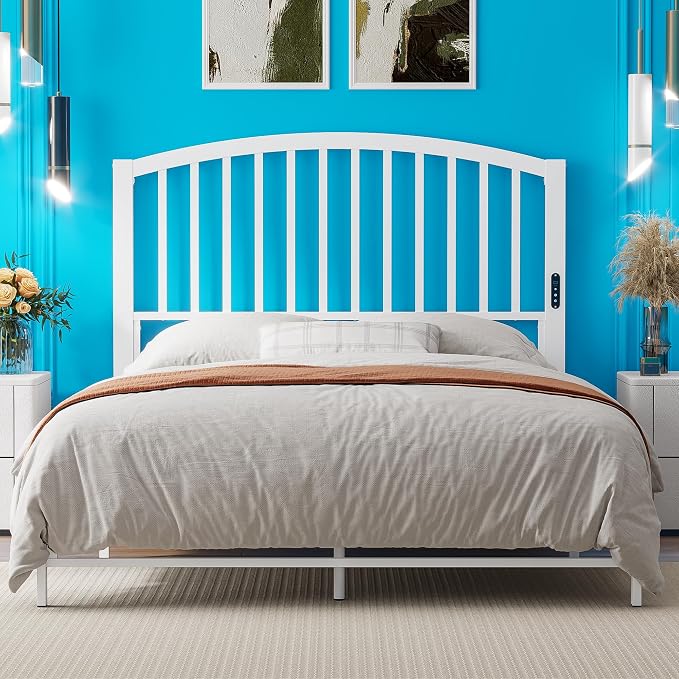 Weehom Metal Full Headboard Only with LED Lights and USB, White | Freestanding full size headboard; adjustable height; USB charging station; modern bedroom design