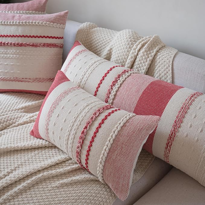 Christmas Lumbar Pillow Covers 14x36 Inch Long, Red Textured Boho Christmas Decoration Pillow Cases for Farmhouse Home Decor, Accent Cushion Cover for Sofa, Bed, Living Room, Bedroom, Pack of 1