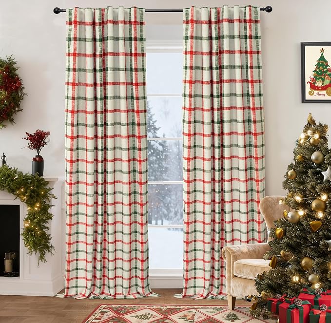 DriftAway 100% Blackout Plaid Curtains 102 Inches Long 2 Panels Red Green | 100% Blackout, Linen Texture, Plaid Pattern, Two Layers, Rod Pocket & Back Tab, Bedroom Living Room Use, Luxury Appearance