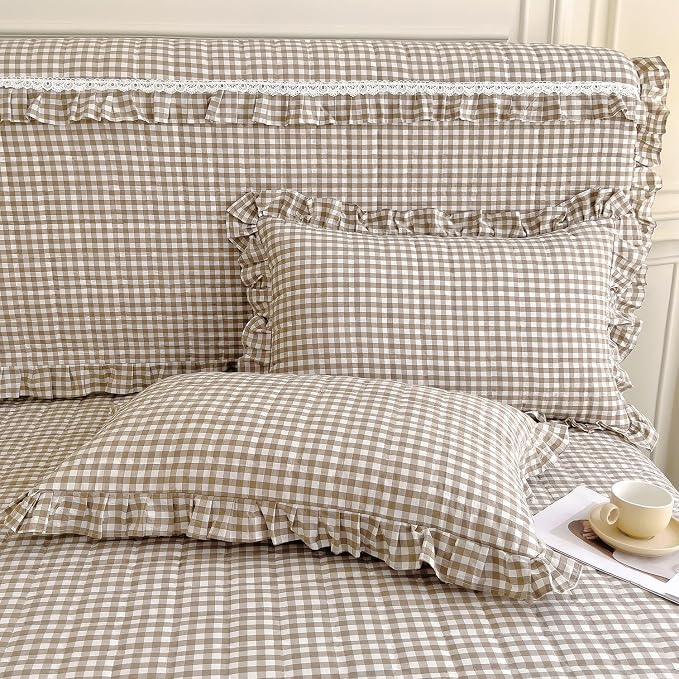 LifeTB Queen Comforter Set Tan Gingham Comforter Ruffle Beige Taupe Plaid Comforter Set 3 Pieces Fluffy Vintage Checkered Grid Bed Comforter with 2 Pillowcases Gingham Bedding Set Queen