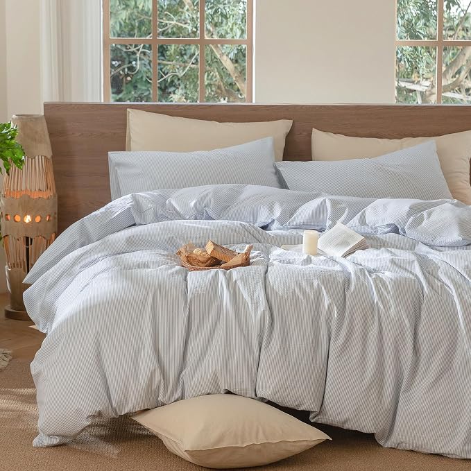 MooMee Striped Duvet Cover Set 100% Washed Cotton Linen Like Alaska King | Relaxed Linen-like Texture. Soft, Breathable & Long-lasting Comfort. Lightweight. Hidden Zipper with 8 Interior Corner Ties