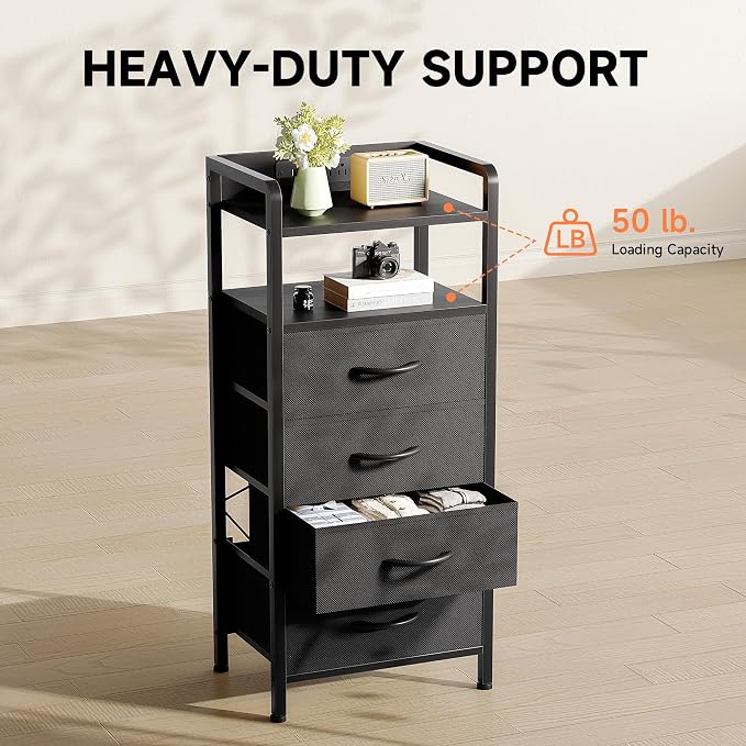 Lazzanto Nightstand with Rear Charging Station, LED Light, 4 Drawers, Black | Industrial Nightstand, 2 USB-A Ports & AC Outlets, Raised Back Guard, Fabric Storage Drawers, Bedside Table for Bedroom, Dorm