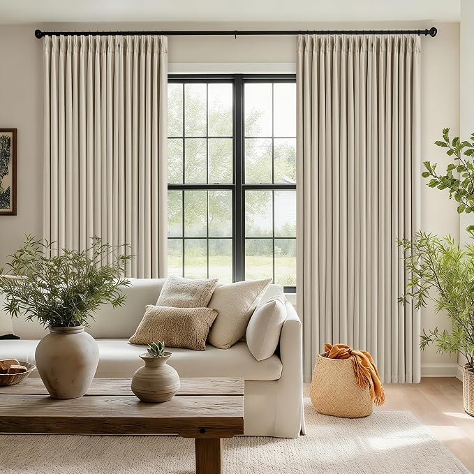 Extra Wide Oatmeal Beige Blackout Sliding Glass Door 108 Inch Curtains | Memory Trained Pinch Pleated, Linen Double Layer, 100% Black Out Heat Blocking Curtain, 70 Inch Width 108 Inch Length 1 Panel