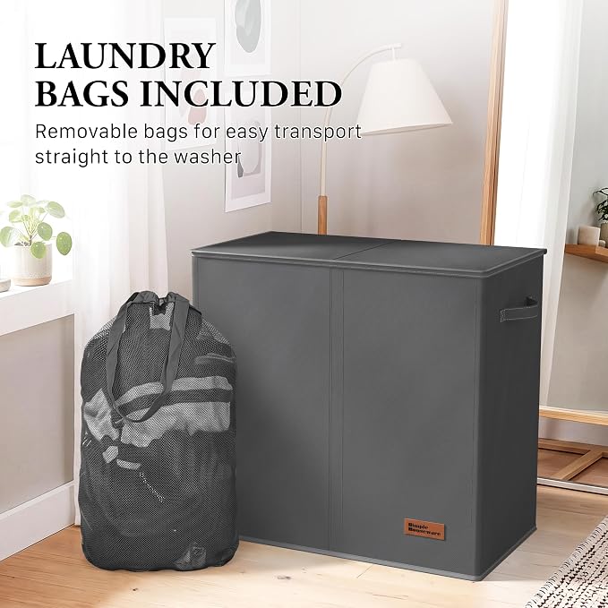 Simple Houseware Double Laundry Hamper with Lid & Removable Bags, Dark Gray | Heavy Duty 600D Polyester, Water-Resistant Surface