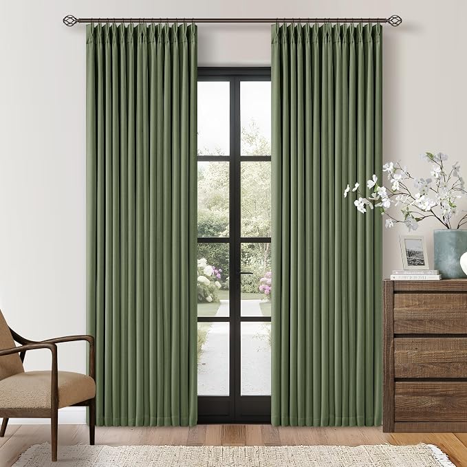 80 Inch Olive Green Linen Pinch Pleated Blackout Curtains with Liner | 100% Black Out, Pinch Pleat with Hooks Rings, Thick Linen Textured, Light Blocking, Bedroom Living Room Window Curtains
