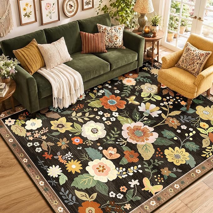 RELEANY Floral Washable 8x10 Area Rugs Black/Yellow | Flower Carpet, Print, Boho, Non-Slip, Easy to Clean, Soft, Low Pile for Living Room Bedroom Kitchen Office Entryway Hallway