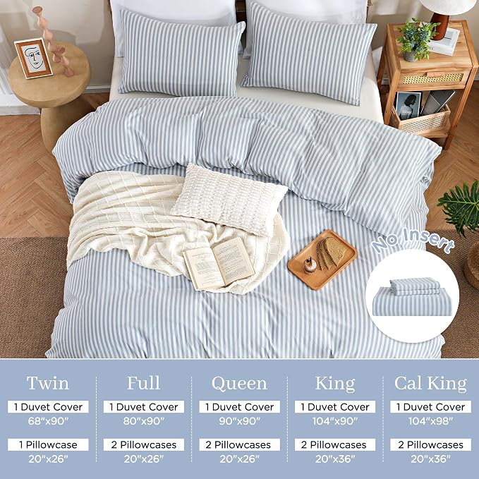 TOCOMOA Blue Striped Duvet Cover Set 100% Washed Cotton Like Linen, King | Linen-Like Feel Soft, Breathable & Comfy for All Season. Lightweight Bedding Set with Zipper & 8 Ties. 3 Pcs, No Insert