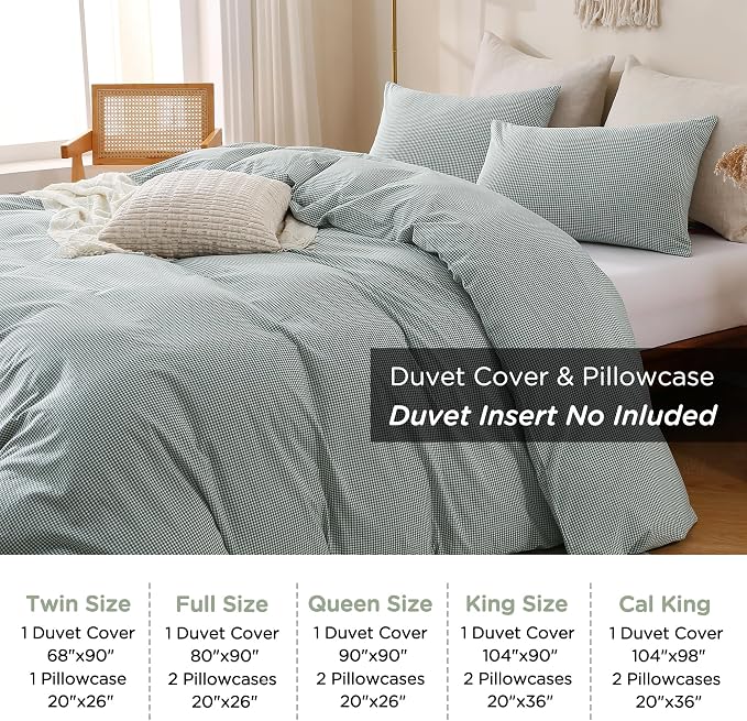 TOCOMOA Mini Gingham Green Duvet Cover Set Washed Cotton Like Linen, King | 100% Washed Cotton Linen-Like Feel Soft, Breathable & Comfy. Lightweight Bedding Set with Zipper & 8 Ties. 3 Pcs, No Insert
