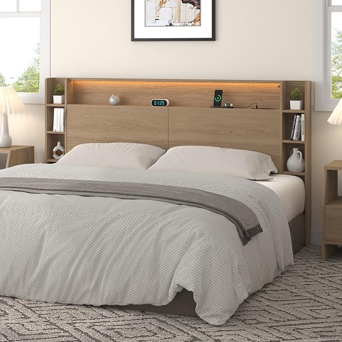 King Wall Mount Solid Wood Leg Headboard with Storage | Headboard Only,USB Charging ,Rgb Light,Modern backboard,Integrated fit,Sturdy and Stable Bed Board