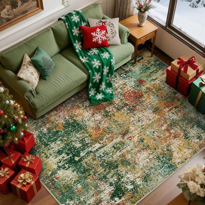 RELEANY Washable 8'x10' Abstract Area Rug for Living Room Green Multi | Carpet for Bedroom, Kitchen, Office, Hallway and Entryway, Printed Pattern, Non‑Slip, Soft, Stain‑Resistant, Easy to Clean