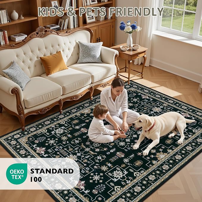9x12 Area Rugs Living Room: Washable Vintage Rug for Bedroom Black | Vintage No Slip Stain Resistant Rug Soft Indoor Decor Floor Floral Area Rugs for Dining Room, Nursery, Hallway, Home Office