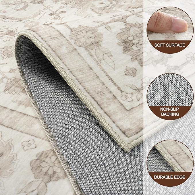 Washable 9x12 Area Rugs for Living Room Beige White Non-Slip Rug | Vintage Medallion Rug,Soft Low Pile Large Rugs,Indoor Retro Carpet for Bedroom Nursery Dining Table Farmhouse Home Office
