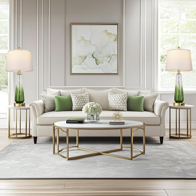 Modern Glass Table Lamps Set of 2, 27.5" Bedside Lamp for Bedroom, Green | 2 LED 3-Way Dimmable Bulb Included, Touch Control, USB A+C Charging Ports, Living Room Nightstand Lamp, Gradient Glass, 2700K