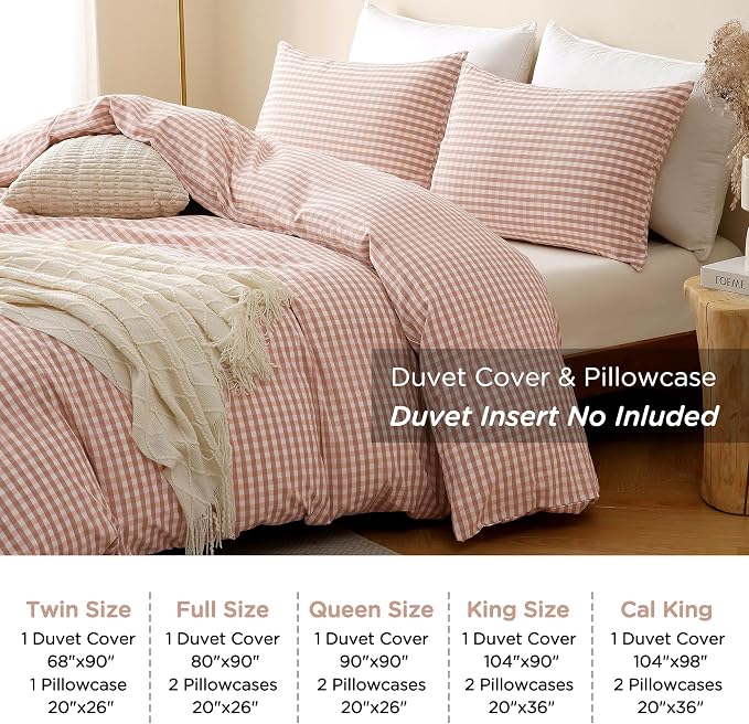 TOCOMOA Gingham Duvet Cover Set 100% Washed Cotton Like Linen, Queen | Linen-Like Feel Soft, Breathable & Comfy for All Season. Pink Brown Fall Bedding Set with Zipper & 8 Ties. 3 Pcs, No Insert