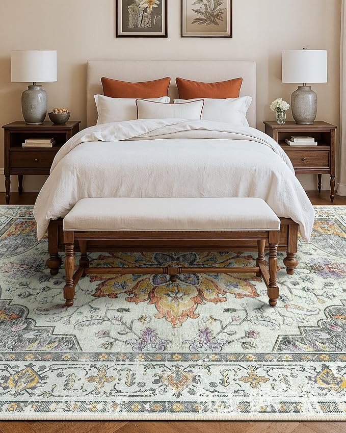 RELEANY Washable Area Rug, Large 9'x12', Beige/Carbon Grey/Orange | Non-Slip, Water Repellent, Pet Friendly, Easy to Clean, Vintage Floral Boho Decor for Living Room Bedroom Dining Room