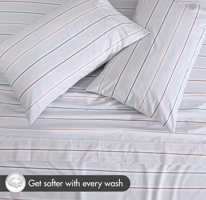 RUVANTI 100% Cotton Percale Sheets California King Chevron Twill Stripe | Crisp Cooling for Hot Sleepers, Deep Pocket 14", Soft Breathable & Durable, Hotel-Style 4 Piece Set