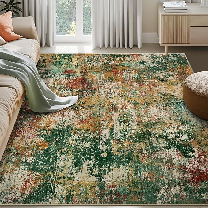 RELEANY Washable 9'x12' Abstract Area Rug for Living Room Green Multi | Carpet for Bedroom, Kitchen, Office, Hallway and Entryway, Printed Pattern, Non‑Slip, Soft, Stain‑Resistant, Easy to Clean