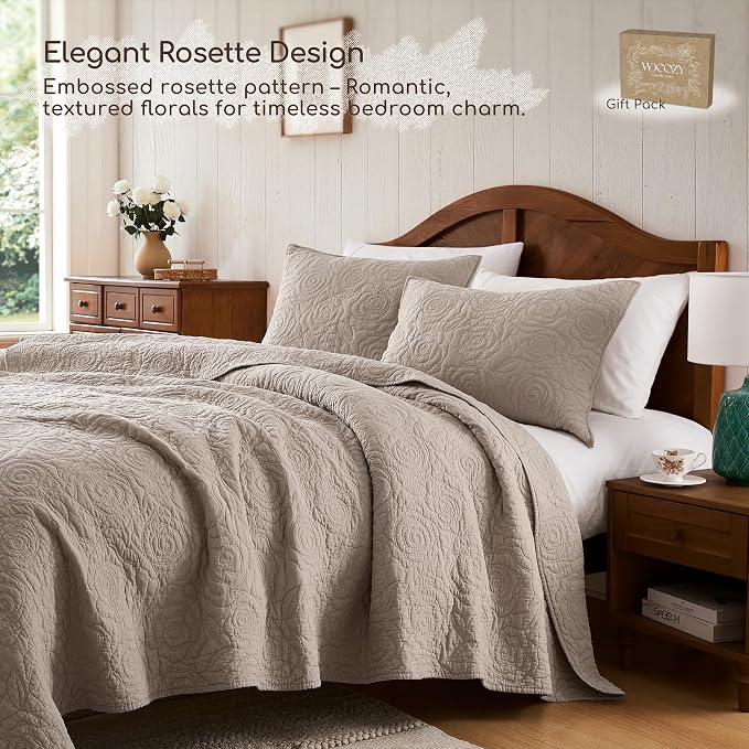 WDCOZY Dark Beige 100% Cotton Quilt Queen Size Bedding Sets with 2 Pillow Shams, Floral Rosette Lightweight Bedspread Soft Farmhouse Patterned Coverlet Quilted Comforter Bed Cover All Season, 3 Pieces