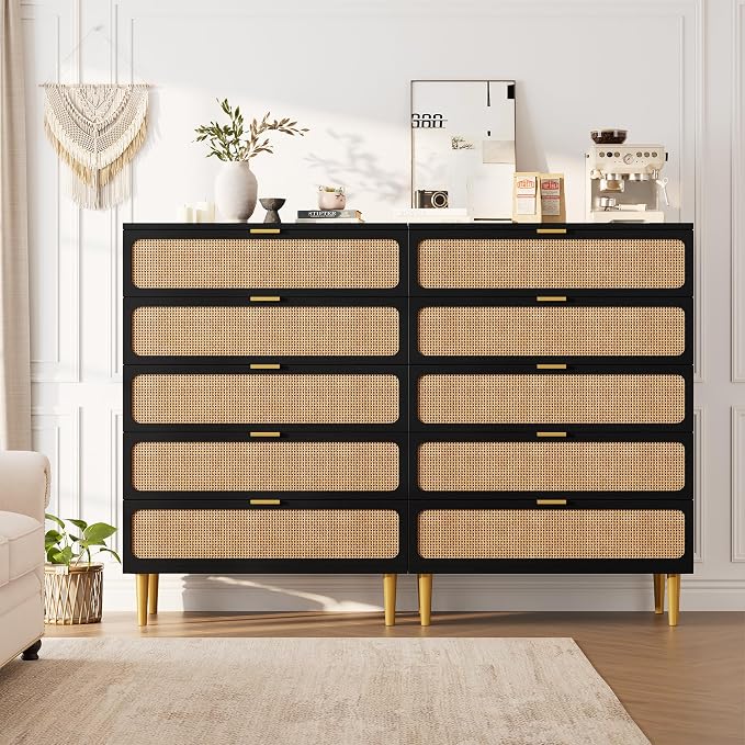 GarveeHome Rattan 5 Drawer Dressers for Bedroom, Deep Drawer, Black | Tall Dresser, Wide Top, for Living Room, Hallway, Kids Room, Large Chest of Drawers for Closet, Long Wooden Dresser