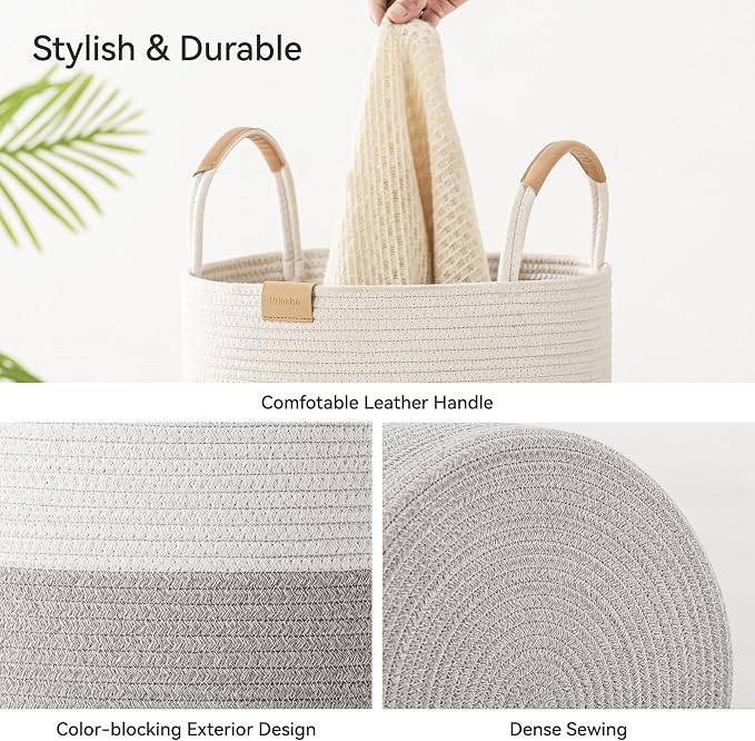 Nunsino 62L Striped Laundry Hamper with Leather Handles,Large Foldable Laundry Basket for Clothes,Cotton Rope Storage Bin for Blankets,Woven Clothes Basket for Bedroom,Gray Stripes