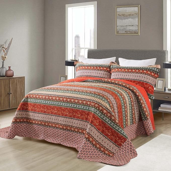 Cotton Bedspread Quilt Sets - Reversible Patchwork Coverlet Set, Red Striped Jacquard Pattern, California King Size