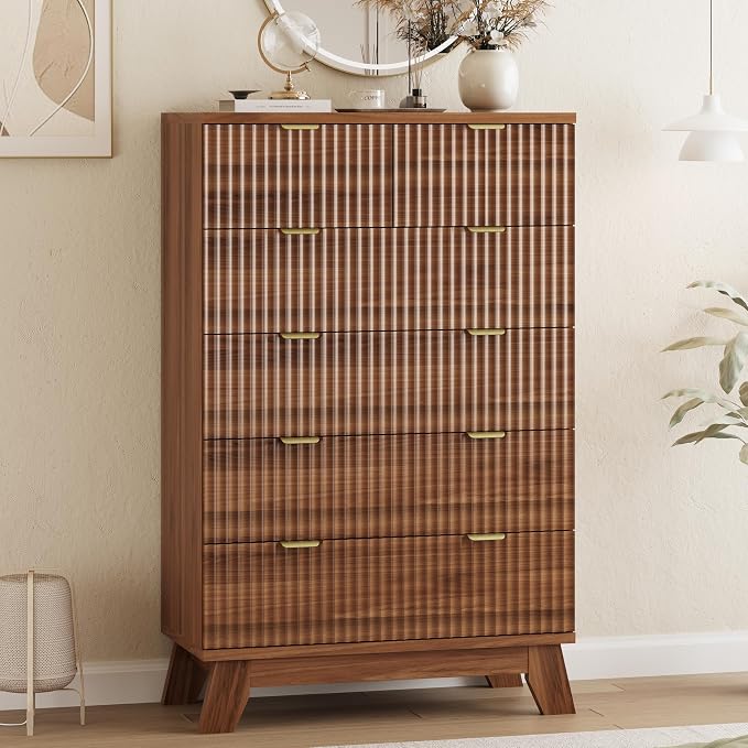 Xixini Fluted Dresser for Bedroom with 6 Drawers, 46" Tall Wooden Chest of Drawers with Metal Handle, Wood Dresser TV Stand, Modern Closet Clothes Storage Organizer for Living Room, Hallway, Walnut