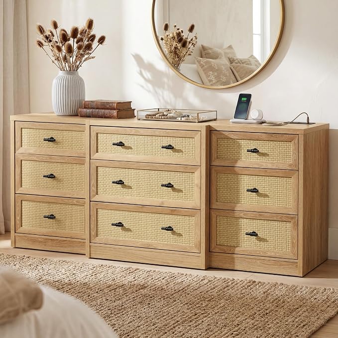 9 Drawers Dresser for Bedroom, 63" Wide Rattan Dressers w/Charging Station | Chest of Drawers with 4 Custom Drawers, Long Dresser TV Stand, Wood Closet Clothes Storage Organizer for Living Room